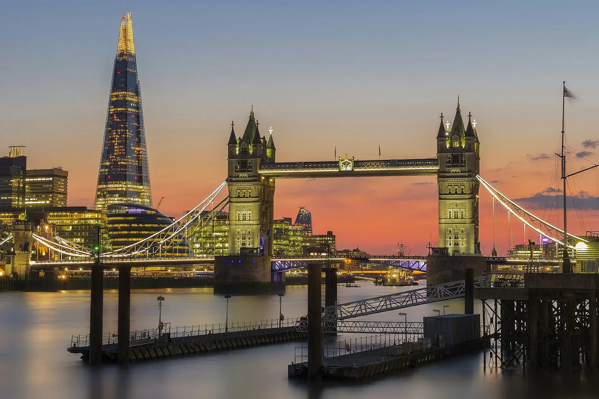 Tower Bridge and the Shard in London at dusk